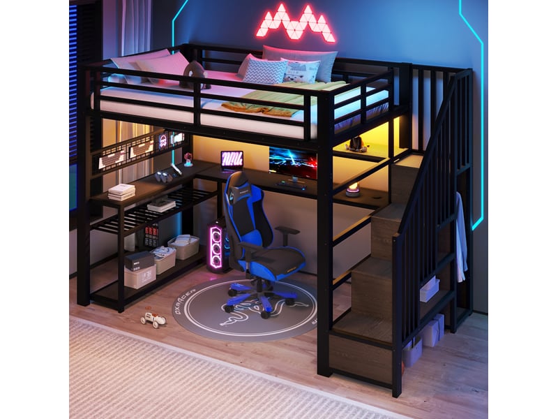  Lit mezzanine 90 × 200 cm avec bureau, armoire, étagères, escalier de rangement et éclairage led, noir, chambre  - Conforama D