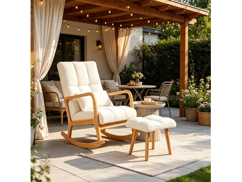  Fauteuil à bascule avec pouf en tissu bouclette blanc et pieds en bois  - Conforama C