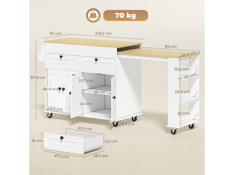  Îlot de cuisine extensible sur roulettes 4 portes 2 tiroirs blanc 127,2-189,2x50x87,8 cm  - Conforama C