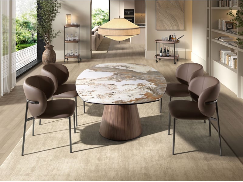 Table de salle à manger extensible ovale en forme de tonneau en marbre porcelanique et bois de noyer  - Conforama D