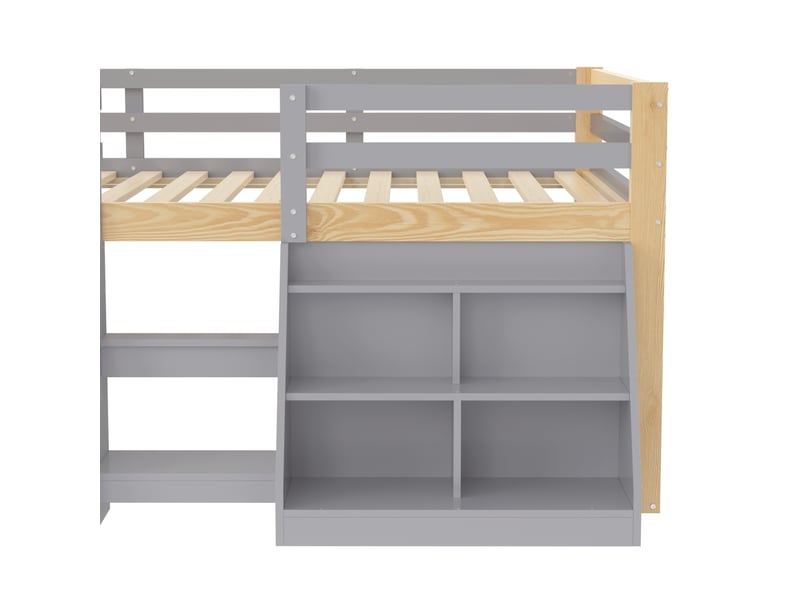 Lit enfant 140 x 200 cm – avec étagères de rangement – avec barrières de sécurité – avec échelle – avec éclairage led – gris (matelas non inclus) - Conforama W