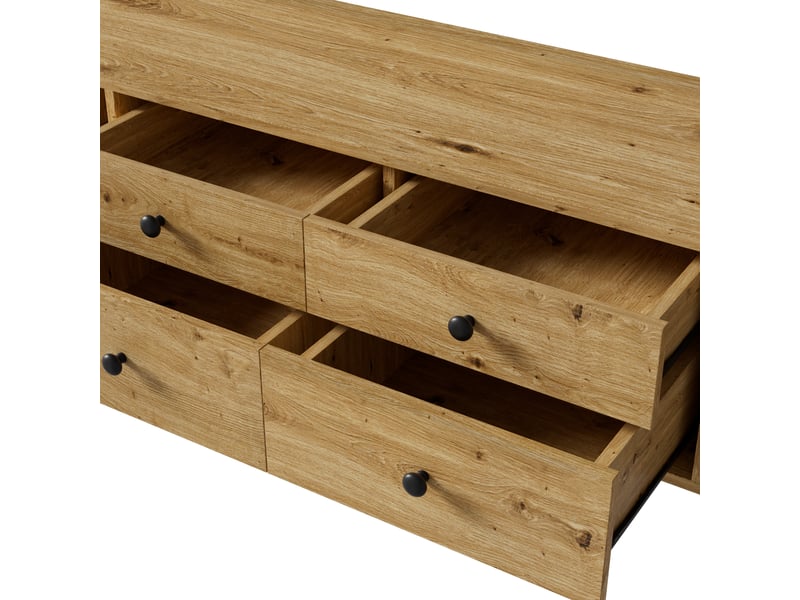  Meuble tv bas à 4 tiroirs, 2 portes coulissantes, angles arrondis, mdf et pieds en bois, 165 × 40 × 46 cm, bois naturel  - Conforama E