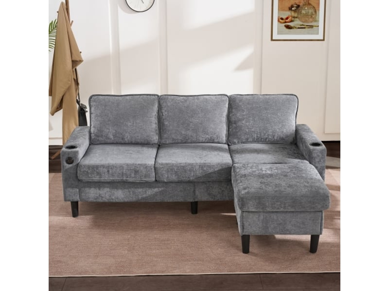 Canapé d’angle l 3 places avec porte-gobelets, usb type-c et poches latérales, 202 x 137 x 80 cm, tissu lin, gris - Conforama C