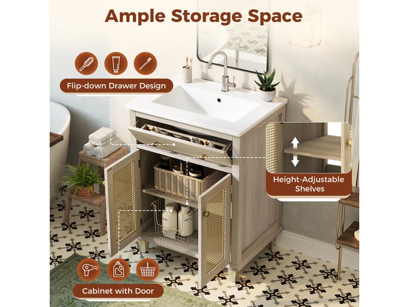 Meuble sous vasque avec lavabo en céramique, 2 portes, tiroir basculant et étagères réglables, 61 × 47 × 87 cm - Conforama E