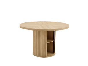 Table à manger ronde avec rangement 115 cm – bois imitation – pieds colonne – 4–6 pers – style scandinave moderne