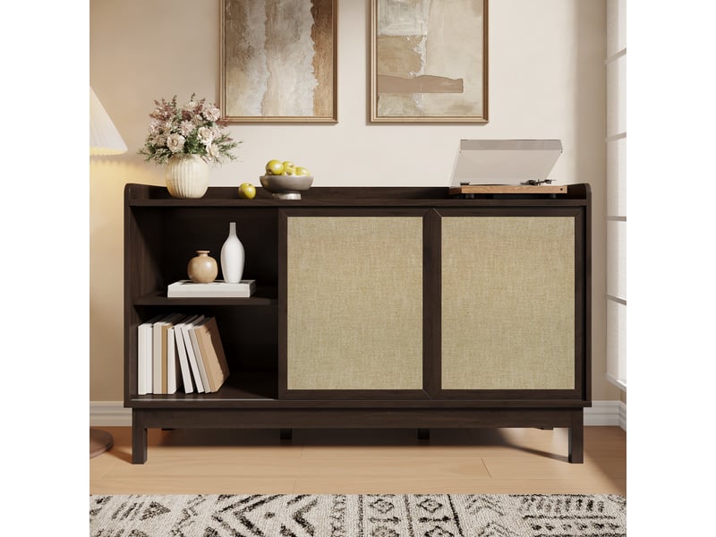  Buffet salle à manger bois naturel 150 cm meuble de rangement avec portes coulissantes et tiroirs  - Conforama W