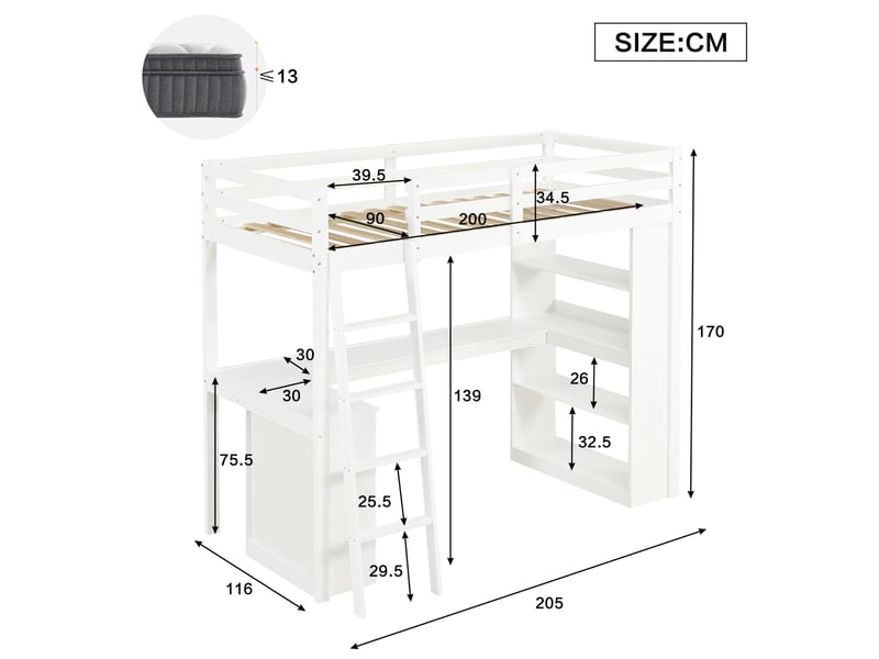 Lit mezzanine enfant 90x200 avec bureau et rangements evryae - Conforama E