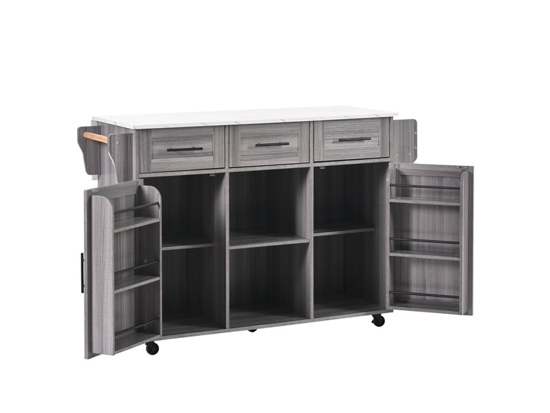 Desserte de cuisine grise 139x46(71)x91,5 cm avec plateau rabattable effet marbre et rangements  - Conforama E
