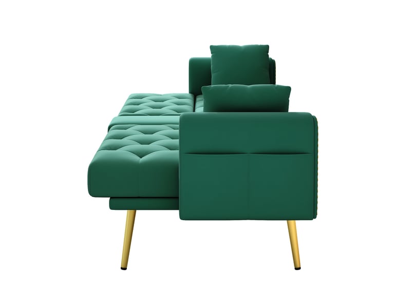  Canapé convertible 2 places velours vert 175x80x73.5cm avec coffre de rangement et support gobelet  - Conforama D