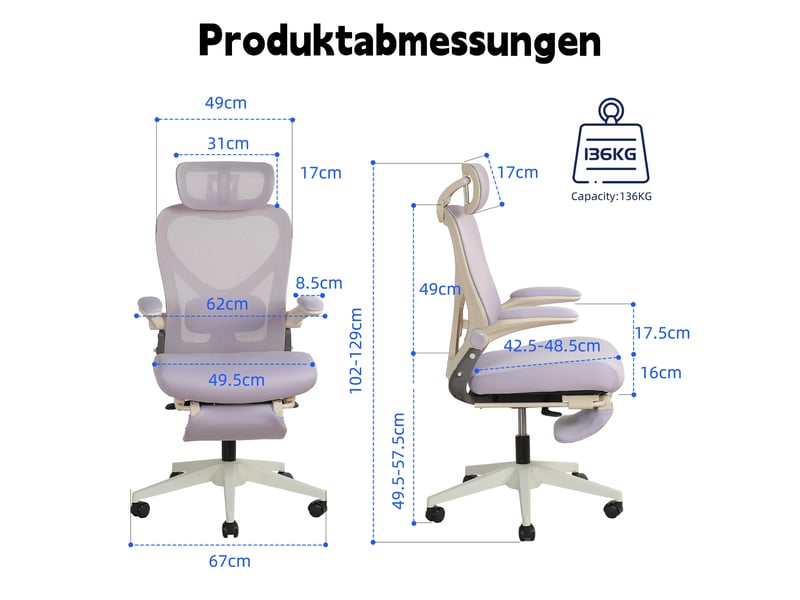  Chaise de bureau ergonomique pliable avec appui-tête 3d et soutien lombaire - lpospi - maille et mousse - violet  - Conforama D