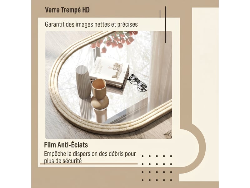  Miroir mural arqué, miroir moderne avec bord rainuré et crochets, 60 x 90 cm, verre trempé et polystyrène, beige  - Conforama R