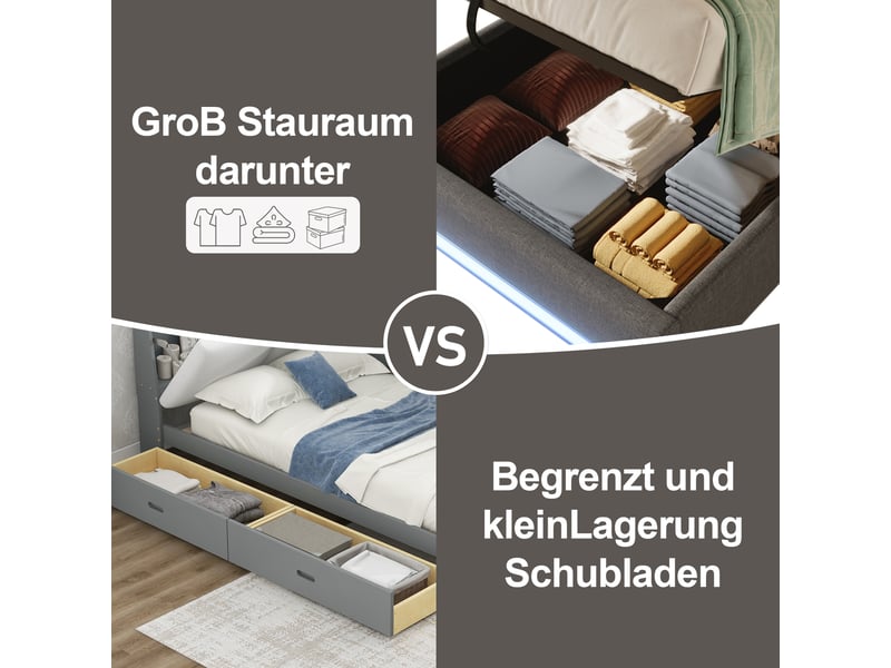  Lit capitonné 90*200cm, gris, sans matelas, led, usb type-c, rangement latéral, relevage hydraulique  - Conforama D
