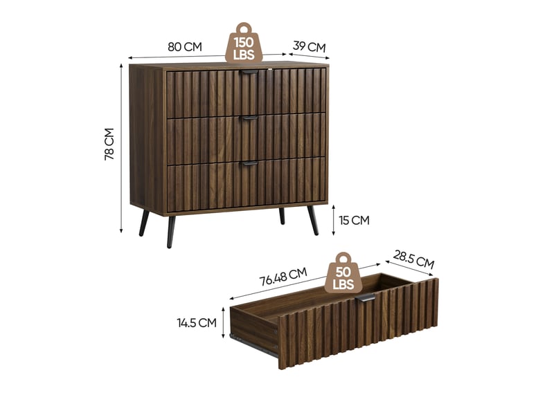  Commode 3 tiroirs avec poignées et pieds en métal pour chambre en mdf 80×39×78 cm noyer  - Conforama D