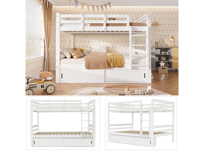  Lit superposé 140x200cm séparable en 2 lits indépendants, avec rangement à porte coulissante, échelle et barrières de sécurité, bois, blanc evarich - Conforama D