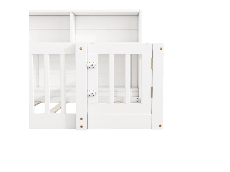  Lit 1 place 90x200cm, lit enfant et adulte, lit au sol avec compartiments, barrière et sommier, rangement, pin blanc, sans matelas  - Conforama R
