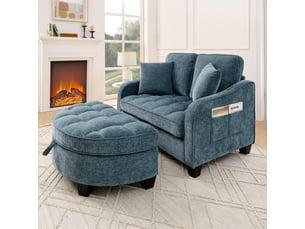 Canapé 2-en-1 bleu avec pouf de rangement, structure en eucalyptus et métal, tissu respirant, convertible en lit d'appoint.