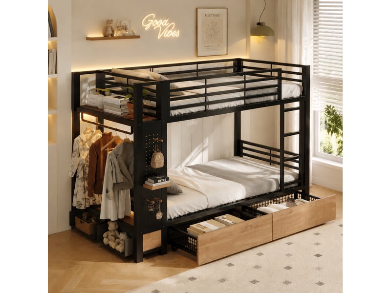 Lit superposé 90 x 200 cm avec led, 4 tiroirs, penderie, métal et mdf noir - Conforama B