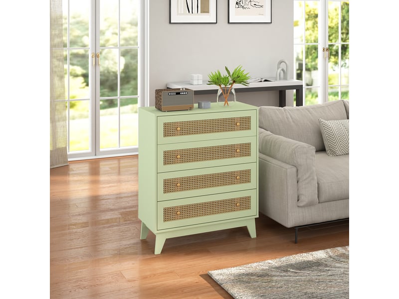  Commode 4 tiroirs meuble de rangement cannage en rotin aspect bois clair vert 80 x 35 x 95 cm  - Conforama W