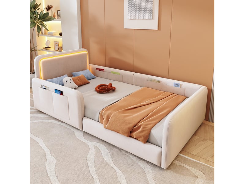  Lit simple rembourré 90x200 cm avec led et poches de rangement, velours beige  - Conforama B