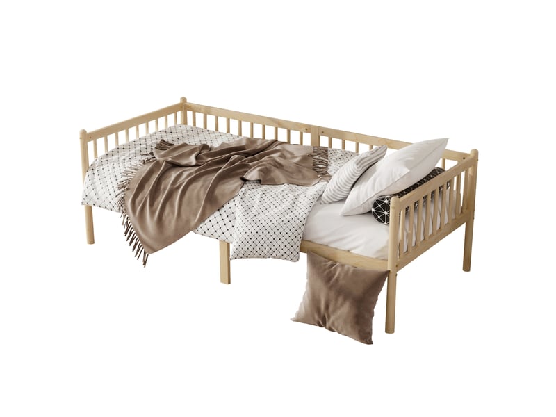  Lit simple 90x200 cm avec barrières sur 3 côtés en pin coloris naturel  - Conforama A
