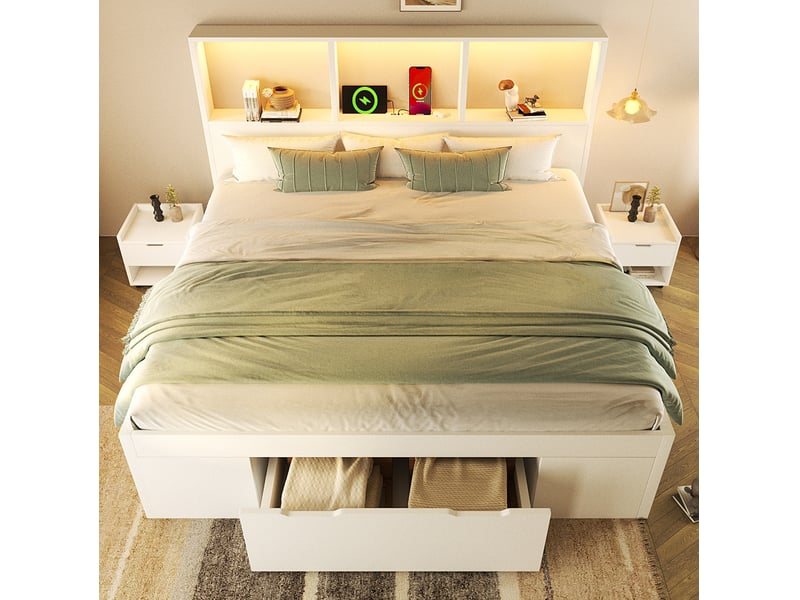  Lit double 140x190 cm avec led, rangements, 2 chevets mobiles et ports usb, blanc  - Conforama D