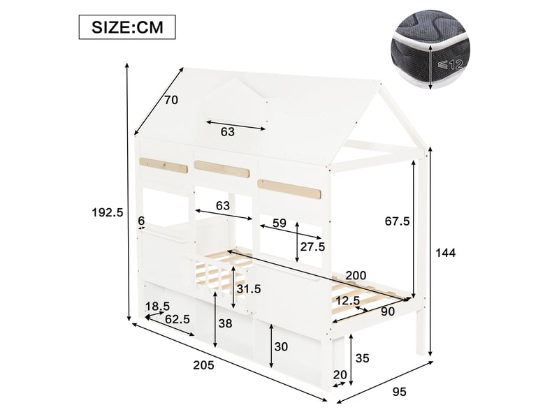  Lit mezzanine cabane enfant 1 place 90 x 200 cm avec bibliothèque intégrée, sommier à lattes, structure en pin, mdf et contreplaqué, blanc  - Conforama E