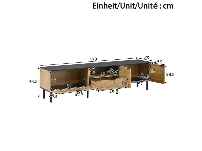  Meuble tv mosaïque 170 cm, 2 portes, tiroir et niche ouverte, décor bois noir  - Conforama C