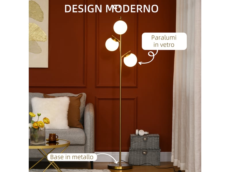  Lampadaire moderne doré à 3 lumières en métal et verre, 169 cm, éclairage e27 pour salon et chambre  - Conforama D