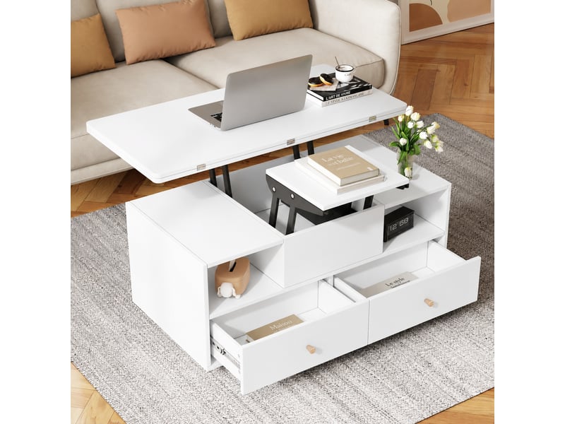 Table basse relevable hydraulique, convertible, 4 tiroirs, roulettes, 100 x 50 cm, blanc - Conforama C
