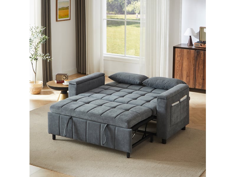 Canapé convertible 2 places 3 en 1 avec rangement dans les accoudoirs et poches latérales en chenille gris - Conforama D