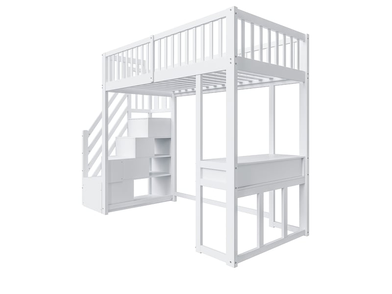 Lit mezzanine 90x200 blanc, lit mezzanine avec bureau et escalier de rangement, cadre en pin massif pour enfant et ado. - Conforama C