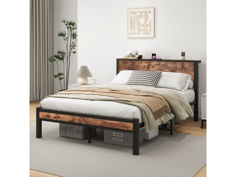  Lit double 140x200 cm avec sommier à lattes, cadre de lit avec tête de lit et espace de rangement, brun vintage, lit 2 personnes  - Conforama D