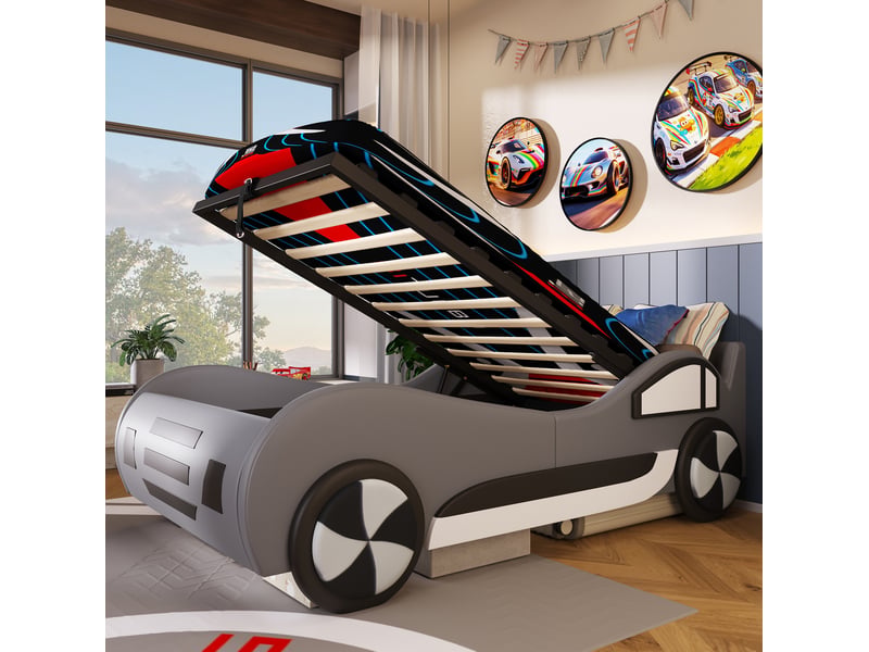  Lit voiture enfant modenvie 90 x 200 cm avec rangement hydraulique, gris, pu et mdf  - Conforama D