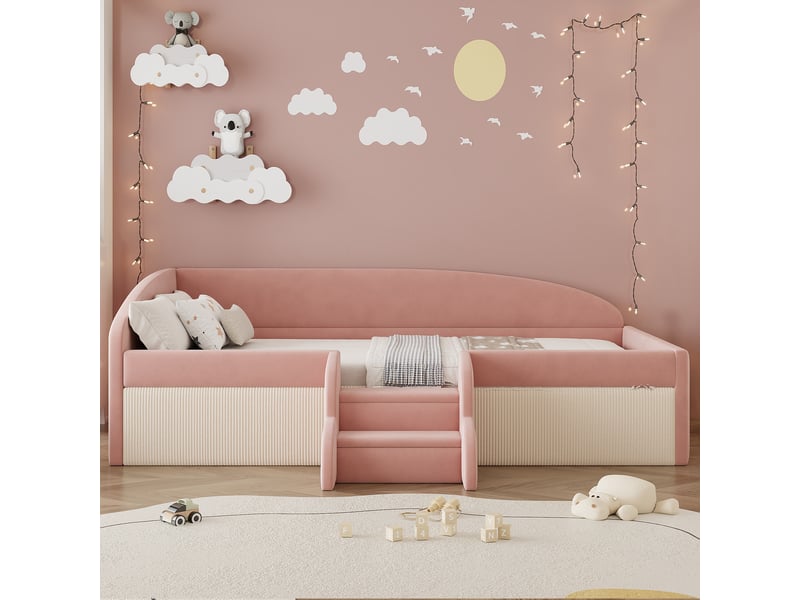  Canapé-lit rembourré 90x190 cm, lit multifonctionnel avec barrières de sécurité, rose + crème, lit 1 personne  - Conforama A