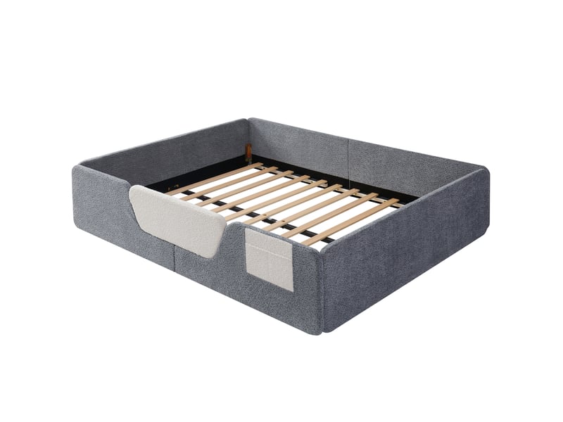 Lit double 140x190 cm avec barrières de sécurité amovibles, lit enfant avec sac de rangement en tissu intégré, gris, velours unique  - Conforama B