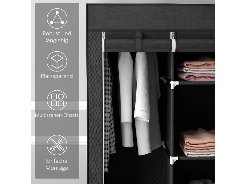  Armoire en tissu avec 2 penderies, 5 étagères, 3 tiroirs et housse zippée, pour chambre, noir, 125 × 43 × 162,5 cm  - Conforama E