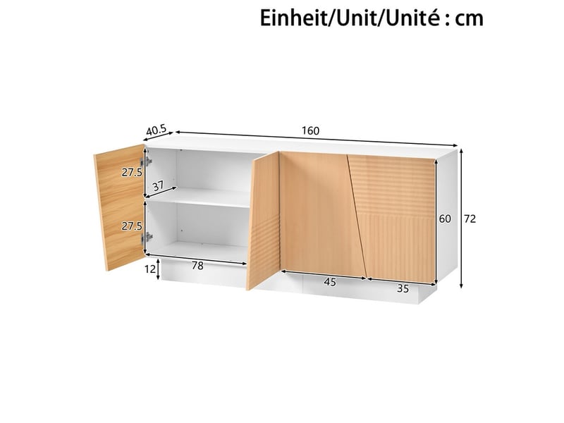  Meuble de salon, 160 x 40,5 x 72 cm, buffet avec 4 portes, structure à rainures géométriques et étagères réglables en hauteur  - Conforama C