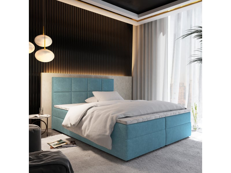 Boxspring lena 200x200 cm, lit complet avec matelas, bleu - Conforama B