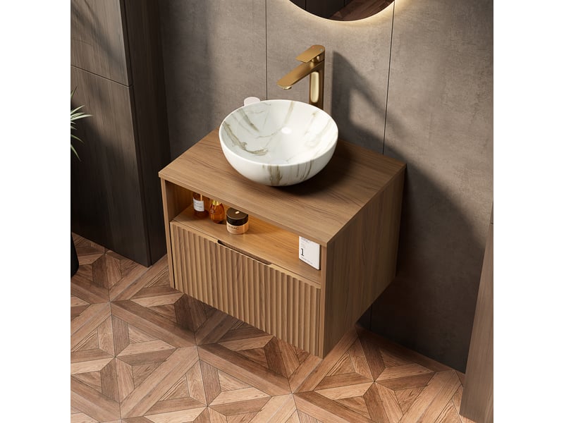  Meuble sous-vasque suspendu avec vasque 1 tiroir éclairage led chêne brun 60 cm W3209S00026 - Conforama E