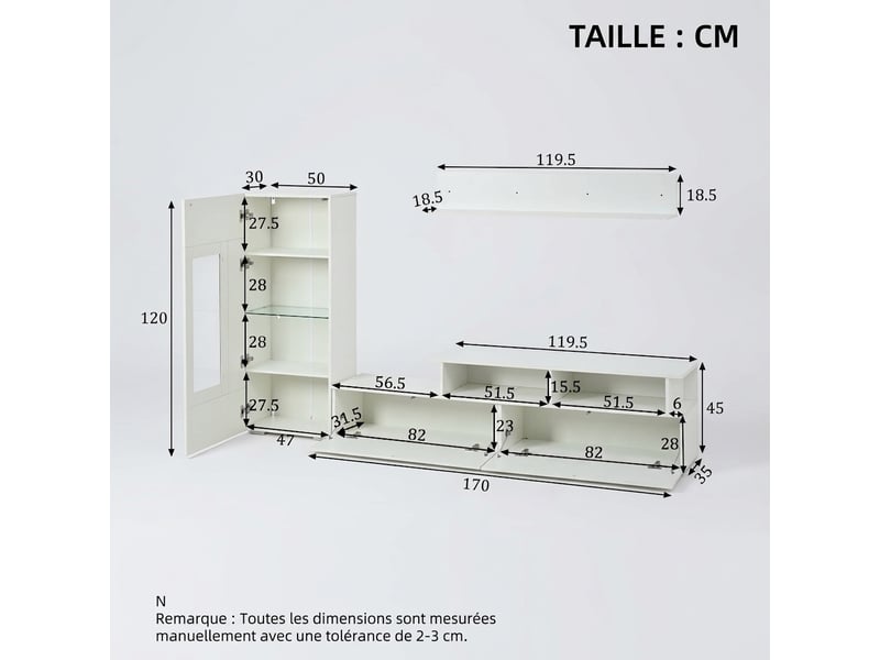  Ensemble meuble tv mural 3 pièces blanc brillant avec led, pour tv jusqu'à 75 pouces  - Conforama C