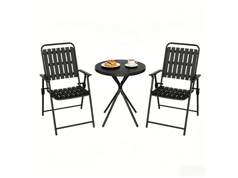 Salon de jardin 3 pièces noir en métal et verre, table pliante et 2 fauteuils pliants pour extérieur - Conforama A