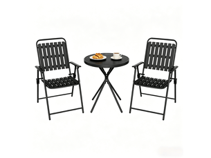 Salon de jardin 3 pièces noir en métal et verre, table pliante et 2 fauteuils pliants pour extérieur
