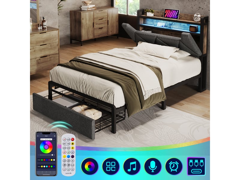 Lit coffre 90x200 avec tête de lit rangement, led télécommande, usb type-c, tiroirs roulettes et sommier métal gris lin  - Conforama B