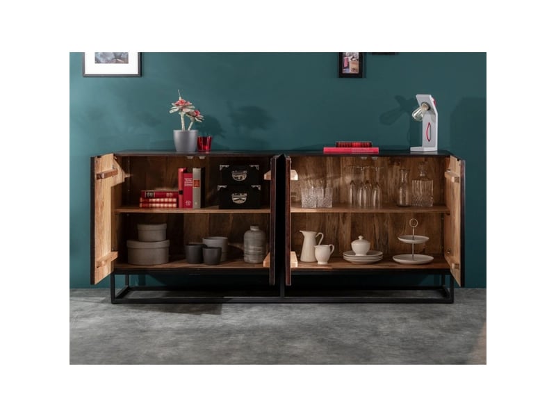  Buffet karmy 177 cm en bois de manguier massif – 4 portes sculptées et métal noir  - Conforama E