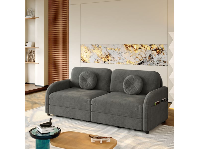  Canapé 2 places 166 cm convertible 3-en-1 fonction couchage coussins amovibles poches latérales des deux côtés revêtement en chenille coloris gris  - Conforama B