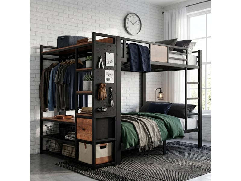  Lit superposé 120x200 cm, 2 couchages, rangement intégré, penderie, panneau perforé, tiroirs en tissu, échelle, métal noir effet bois  - Conforama C
