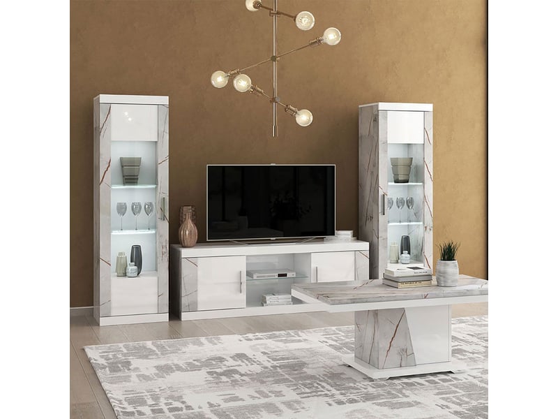  Meuble tv 2 portes 2 niches blanc et aspect marbre gris-brun - nervy NERVY - Conforama C