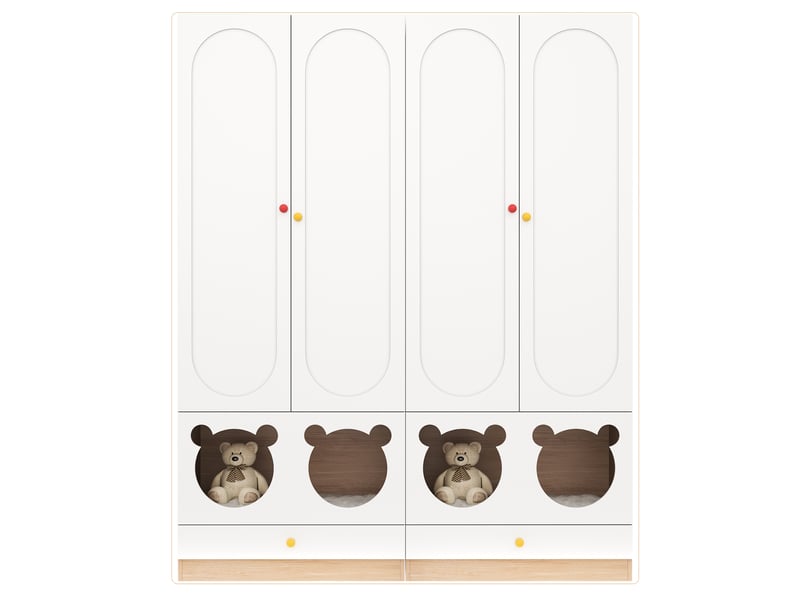  Armoire enfant 80x50x200 cm - 2 portes, penderie, étagères, tiroirs, design ours, blanc et bois  - Conforama A