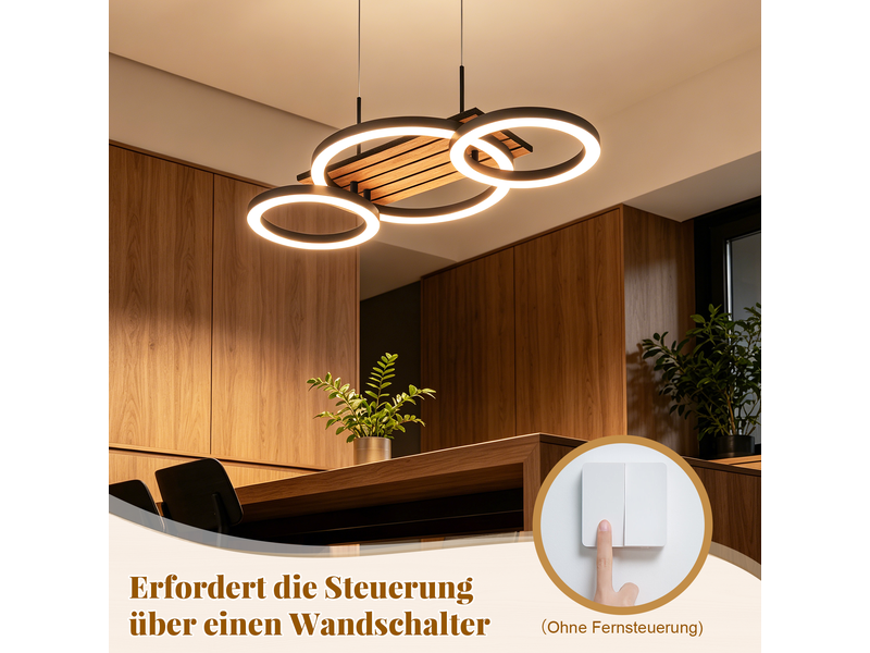  Zmh suspension led noir 58 cm 21 w suspension bois design 3 anneaux suspendue blanc chaud pour cuisine  - Conforama D
