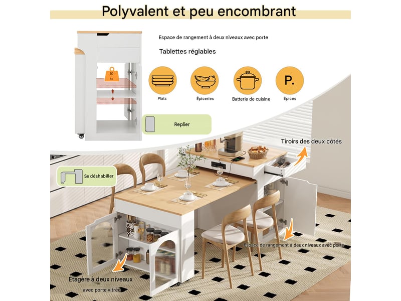  Îlot de cuisine avec table extensible, prises intégrées et 2 tiroirs blanc DE000049AAK - Conforama D